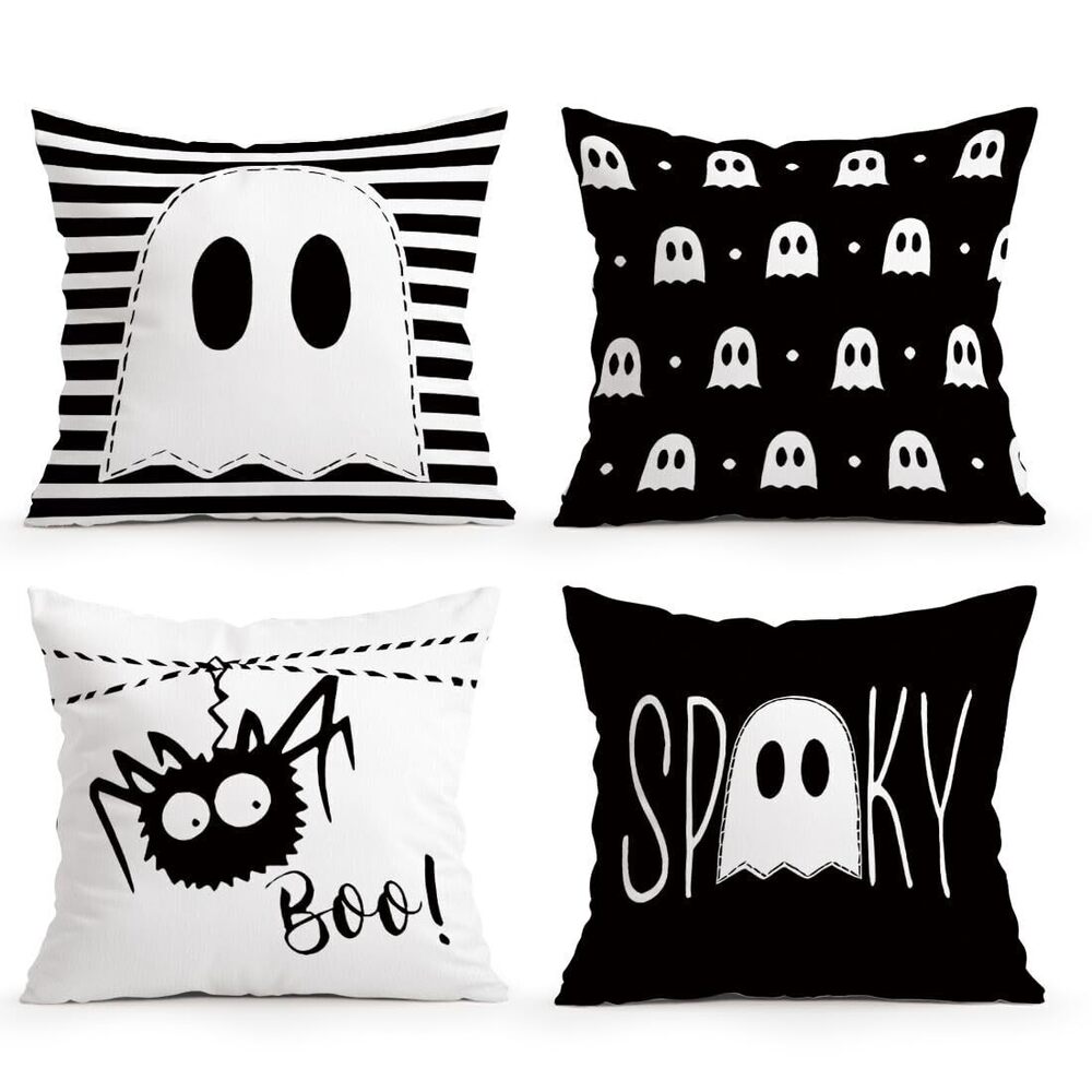 2587 Fall Pillow Covers 18x18 Set of 4, Cute Ghost and Spider Harvest